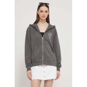 Tommy Jeans hanorac de bumbac femei, culoarea gri, cu glugă, imprimeu DW0DW17954