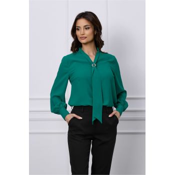 Bluza Dy Fashion verde cu aplicatie tip esarfa si decolteu in V