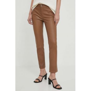 2NDDAY pantaloni de piele Leya femei, culoarea bej, drept, medium waist