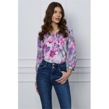 Bluza Daria gri cu imprimeuri florale lila la reducere