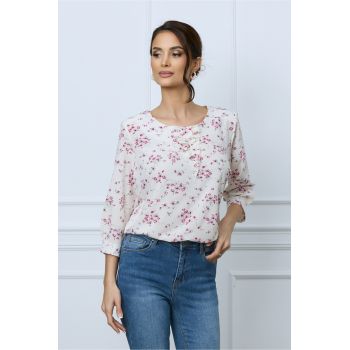 Bluza Miahela alba cu floricele roz si volanas la reducere