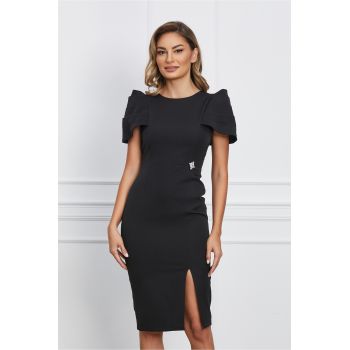 Rochie eleganta neagra cu umeri bufanti si aplicatie pe talie