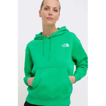 The North Face bluza W Essential Hoodie femei, culoarea verde, cu glugă, cu imprimeu, NF0A7ZJDPO81