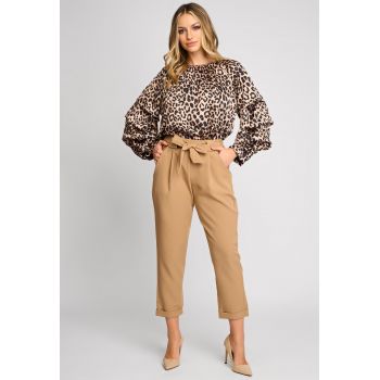 Pantaloni dama eleganti Stella maro camel cu funda