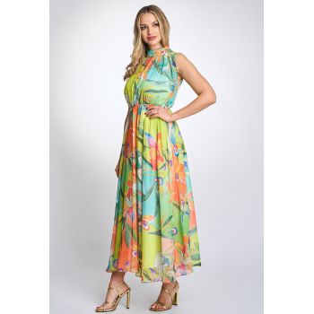 Rochie eleganta de zi Louise lunga cu print floral verde