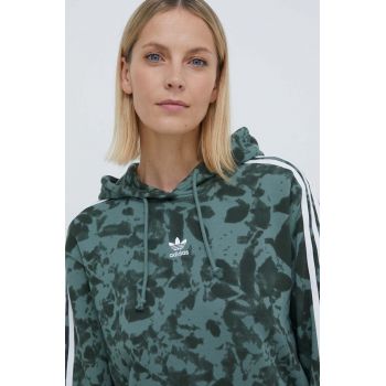 adidas Originals hanorac de bumbac femei, culoarea verde, cu glugă, cu imprimeu IX5999