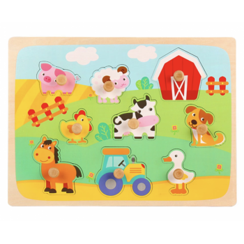 Puzzle incastru cu piese groase pentru copii Animale Domestice de Ferma, 9 piese, multicolor, din lemn