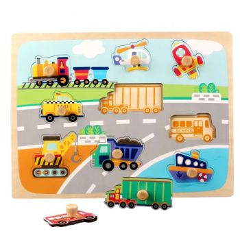 Puzzle incastru cu piese groase pentru copii Vehicule, 9 piese, multicolor, din lemn