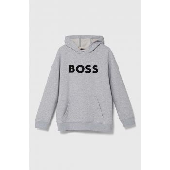 BOSS bluza copii culoarea gri, cu glugă, cu imprimeu