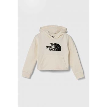 The North Face hanorac de bumbac pentru copii DREW PEAK LIGHT HOODIE culoarea bej, cu glugă, cu imprimeu