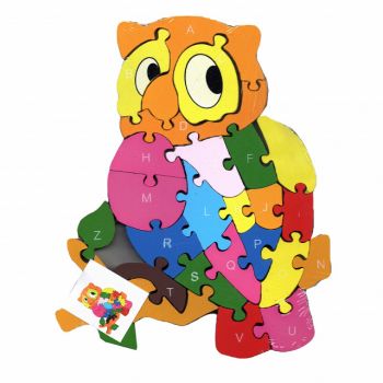 Puzzle din lemn Pufo pentru copii cu numere si cifre, model Bufnita ganditoare, 26 piese, 24 cm