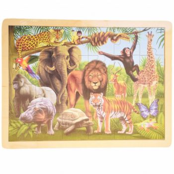 Puzzle din lemn Pufo pentru copii, model Jungla animalelor, 24 piese, 40 x 30 cm