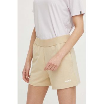 HUGO pantaloni scurți de lounge culoarea bej, uni, high waist 50490596