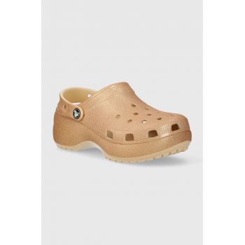 Crocs papuci Classic Platform Glitter Clog femei, culoarea auriu, cu platforma, 207241