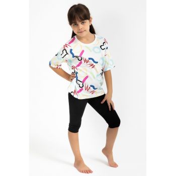 Pijama cu imprimeu si maneci cazute - Roz - Bleumarin -