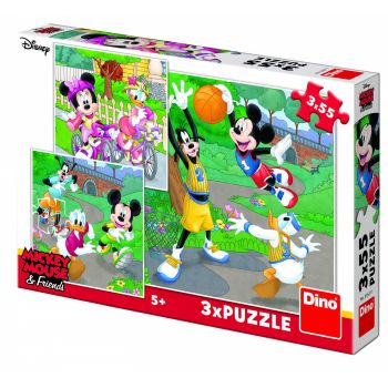 Puzzle 3 in 1 - Mickey si Minnie sportivii (55 piese), Dino, 4-5 ani +