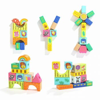 Set de constructie Animalute din padure, cuburi din lemn, Topbright, 1-2 ani +