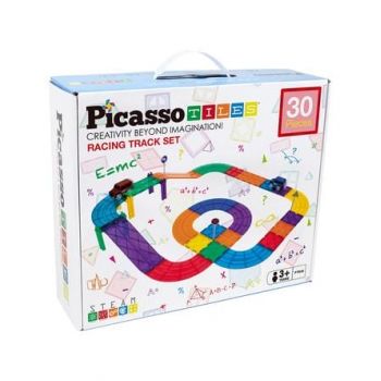 PicassoTiles, Pista de curse, 30 de piese magnetice cu 2 masinute, + 3 ani