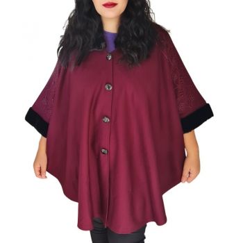 Jacheta stil Poncho elegant, dama, model 1, din stofa, guler cu blanita si broderie crosetata , marime mare, culoare bordo 1615