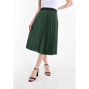 Fusta plisata midi cu elastic negru, verde