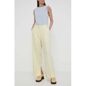 Herskind pantaloni femei, culoarea galben, lat, high waist