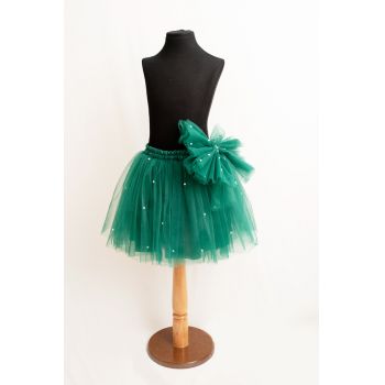 Fusta Tulle Fete cu Funda si Jumatati de Perle, Verde Inchis, Malika Fashion