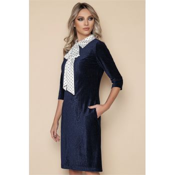 Rochie eleganta bleumarin din velur cu funda din satin