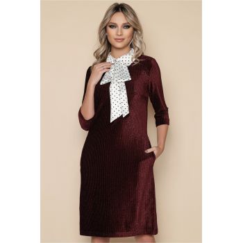 Rochie eleganta bordo din velur cu funda din satin