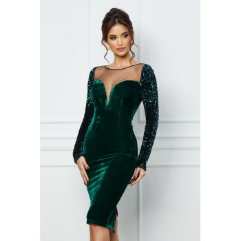 Rochie MBG verde din catifea cu maneci din paiete si bust din tull