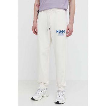 HUGO Blue pantaloni de trening din bumbac culoarea bej, cu imprimeu 50510734