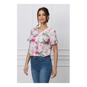 Bluza Gina alba cu imprimeuri florale roz