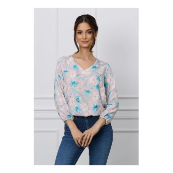 Bluza Simona roz cu flori turcoaz