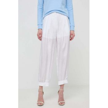 Armani Exchange pantaloni femei, culoarea alb, drept, high waist