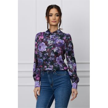 Camasa Dy Fashion neagra cu imprimeu floral mov din voal satinat