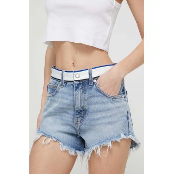 HUGO Blue pantaloni scurți jeans femei, cu imprimeu, high waist 50514699