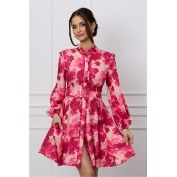 Rochie Dy Fashion roz cu imprimeuri fucsia si curea in talie