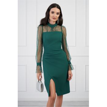 Rochie Ella Collection Adena verde cu insertii catifelate pe maneci