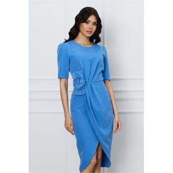 Rochie office bleu cu floare 3D in talie