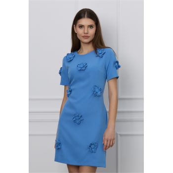 Rochie office bleu cu flori 3D