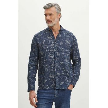 Medicine cămașă de in bărbați, culoarea bleumarin, cu guler button-down, regular