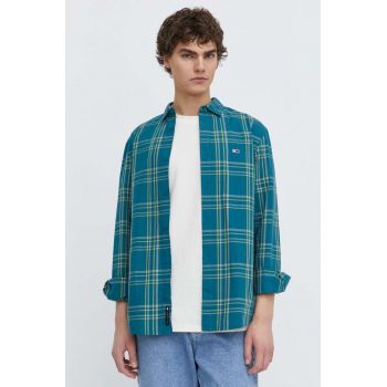 Tommy Jeans cămașă din bumbac bărbați, culoarea verde, cu guler clasic, regular DM0DM18968