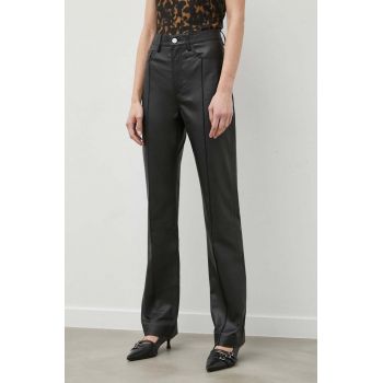 Remain pantaloni de piele femei, culoarea negru, drept, high waist