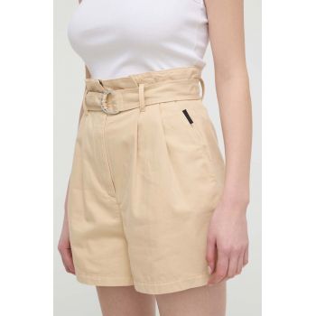 HUGO pantaloni scurți femei, culoarea bej, uni, high waist, 50511914