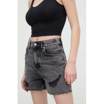 Tommy Jeans pantaloni scurți femei, culoarea gri, uni, high waist, DW0DW17652