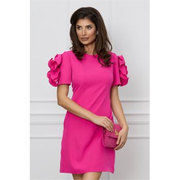 Rochie office fucsia cu flori maxi pe maneci