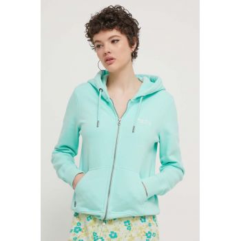 Superdry bluza femei, culoarea turcoaz, cu glugă, cu imprimeu