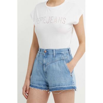 Pepe Jeans pantaloni scurti jeans A-LINE SHORT UHW SKY femei, neted, high waist, PL801114