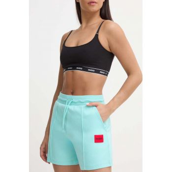 HUGO pantaloni scurți din bumbac culoarea turcoaz, uni, high waist, 50514867