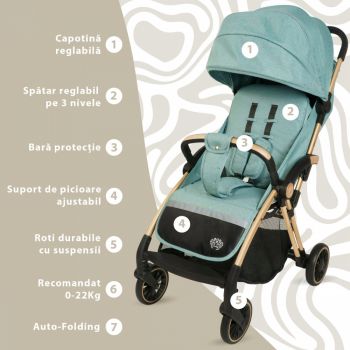 Carucior sport AppeKids Upp ultracompact cu pliere automata River Green