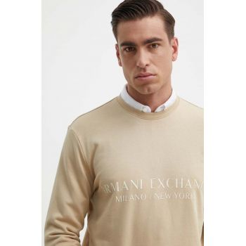 Armani Exchange hanorac de bumbac barbati, culoarea bej, cu imprimeu